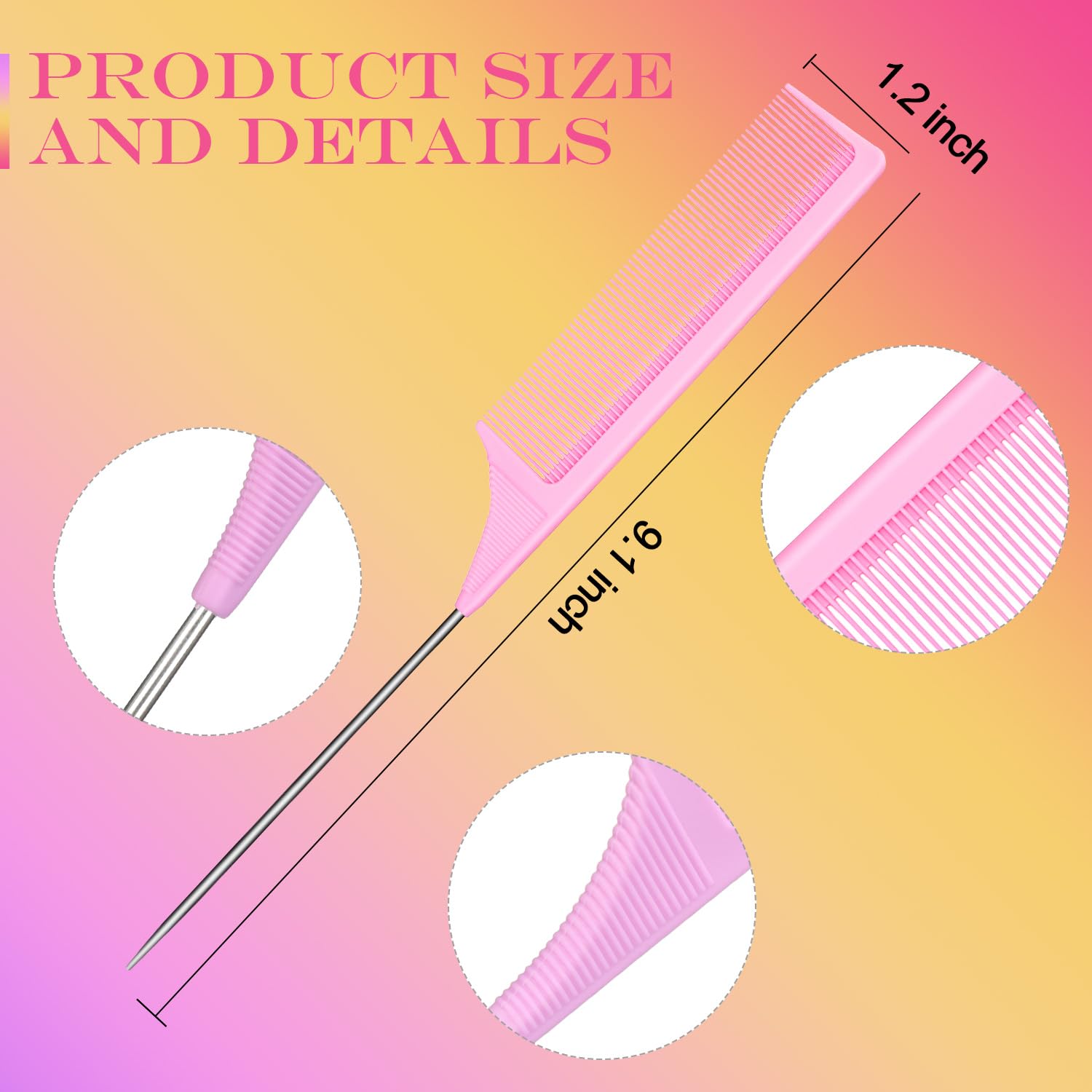 3 Packs Rat Tail Comb Steel Pin Rat Tail Carbon Fiber Heat Resistant Teasing Combs with Stainless Steel Pintail (Light Blue, Light Pink, Light Purple)